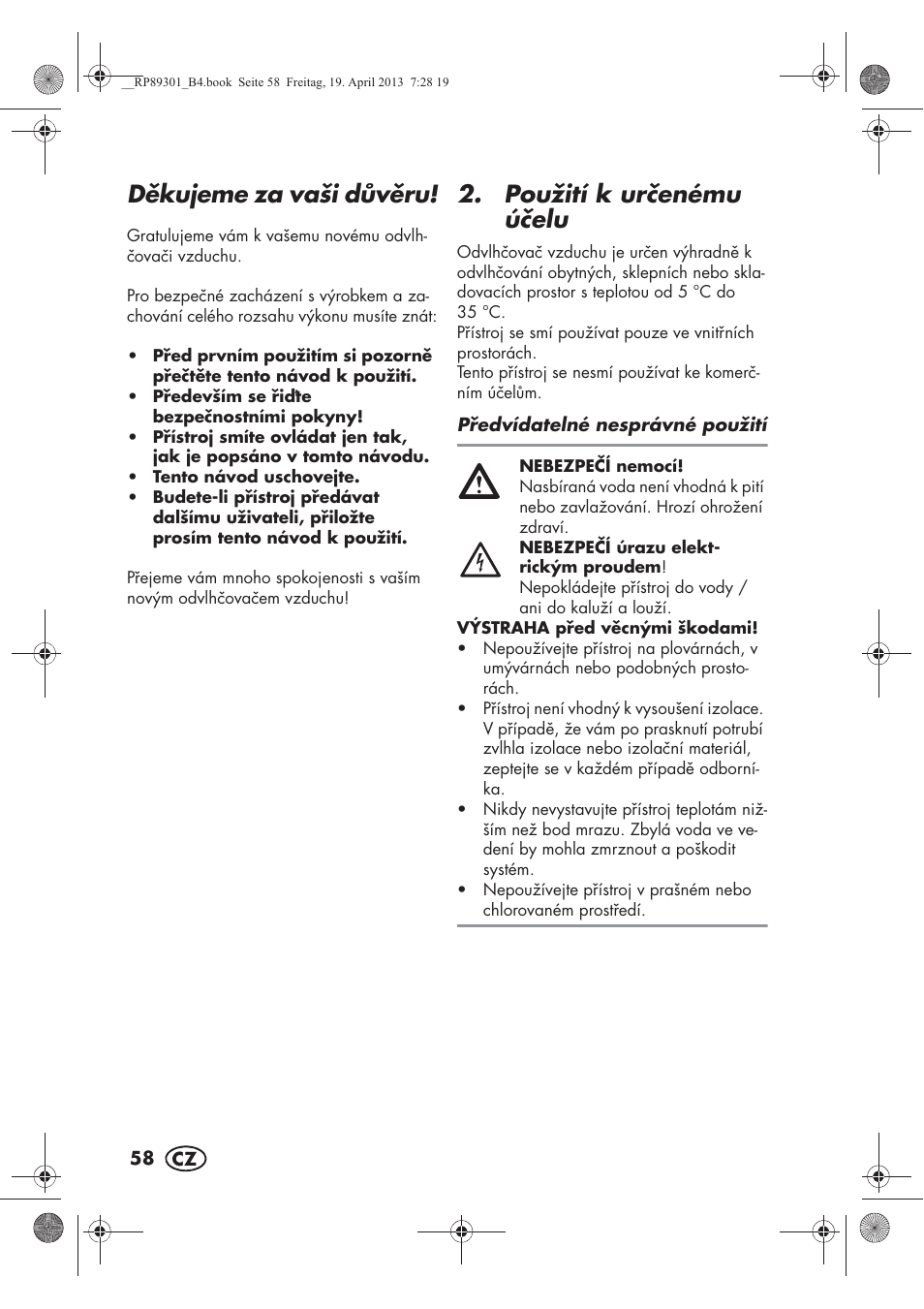 Dkujeme za vaši dvru, Použití k urenému úelu | Silvercrest SLE 420 A1 User Manual | Page 60 / 100