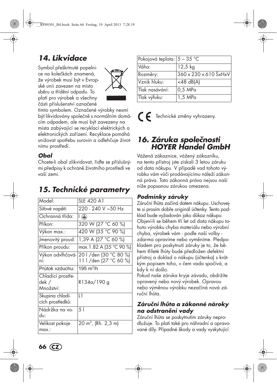 Likvidace, Technické parametry, Záruka spolenosti hoyer handel gmbh | Silvercrest SLE 420 A1 User Manual | Page 68 / 100