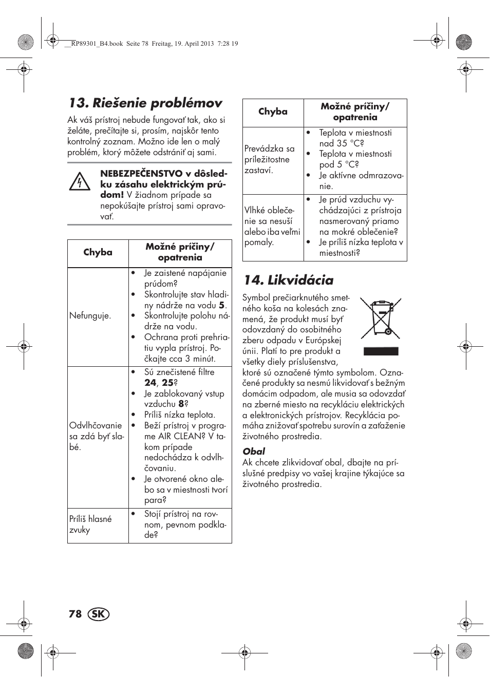 Riešenie problémov, Likvidácia | Silvercrest SLE 420 A1 User Manual | Page 80 / 100