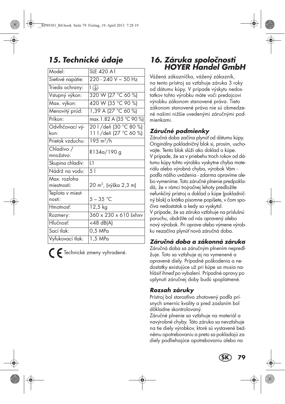 Technické údaje, Záruka spolonosti hoyer handel gmbh | Silvercrest SLE 420 A1 User Manual | Page 81 / 100