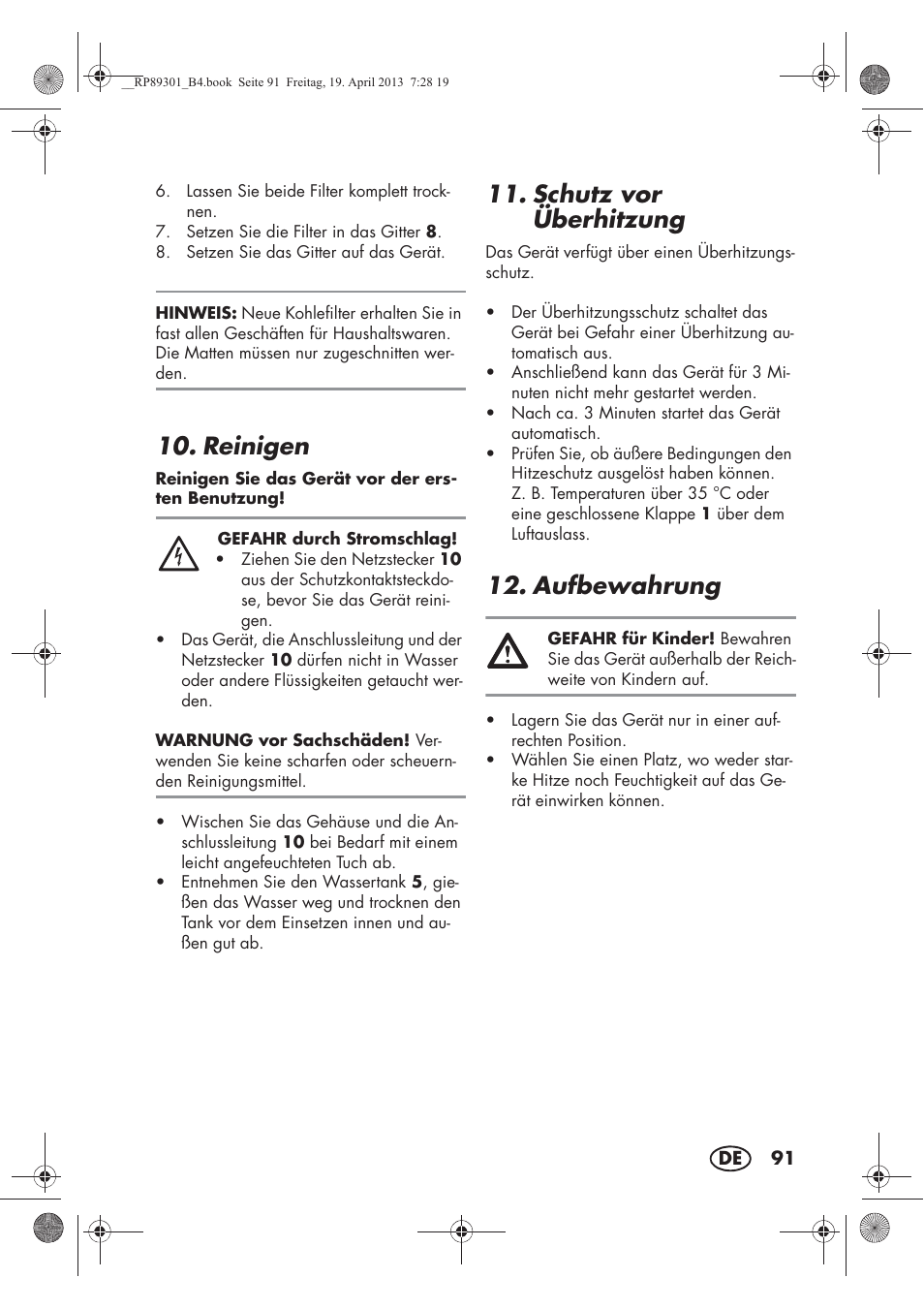 Reinigen, Schutz vor überhitzung, Aufbewahrung | Silvercrest SLE 420 A1 User Manual | Page 93 / 100
