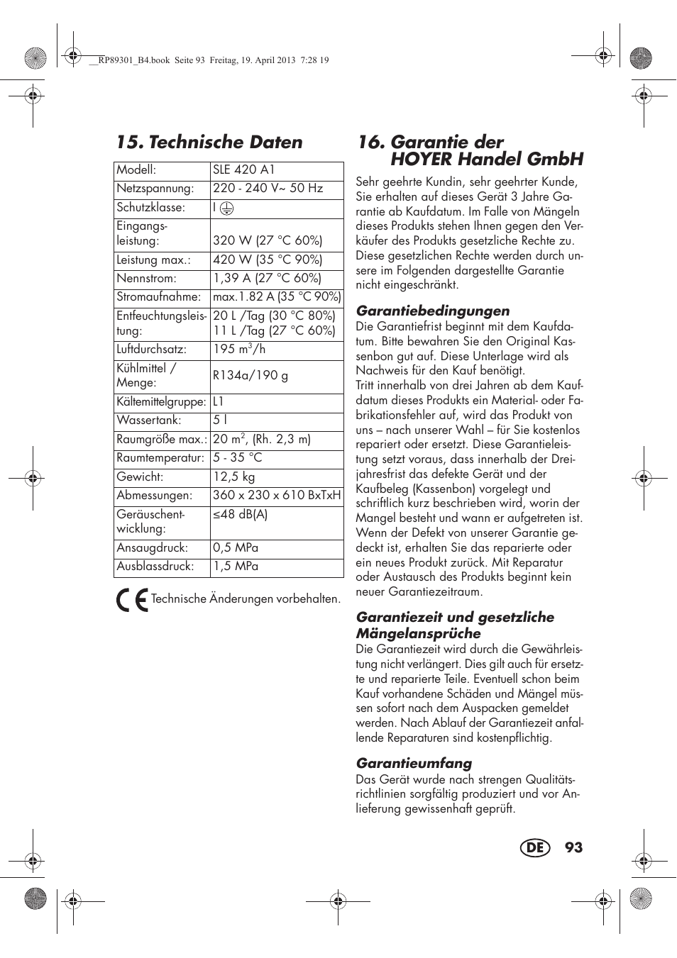 Technische daten, Garantie der hoyerhandel gmbh | Silvercrest SLE 420 A1 User Manual | Page 95 / 100