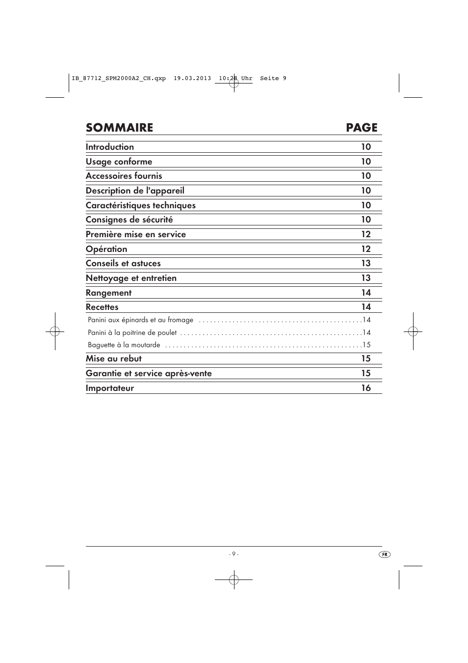 Sommaire page | Silvercrest SPM 2000 A2 User Manual | Page 12 / 35