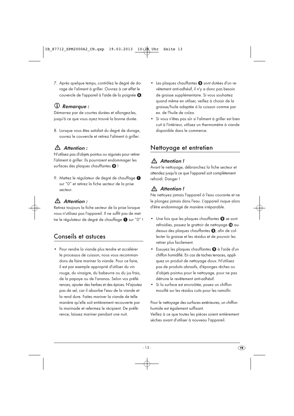 Conseils et astuces, Nettoyage et entretien, Remarque | Attention | Silvercrest SPM 2000 A2 User Manual | Page 16 / 35