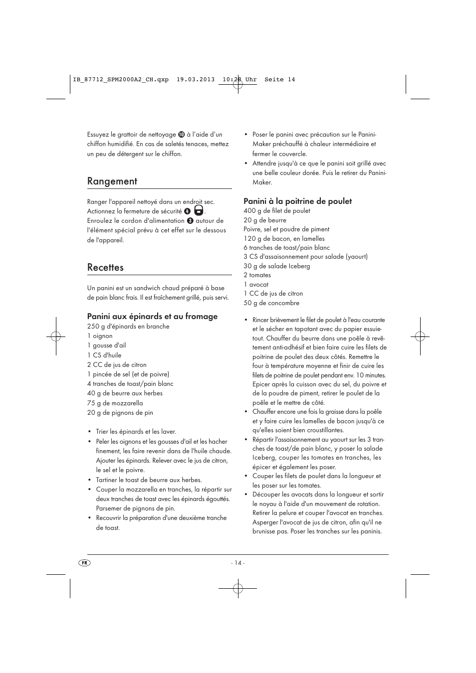 Rangement, Recettes, Panini aux épinards et au fromage | Panini à la poitrine de poulet | Silvercrest SPM 2000 A2 User Manual | Page 17 / 35