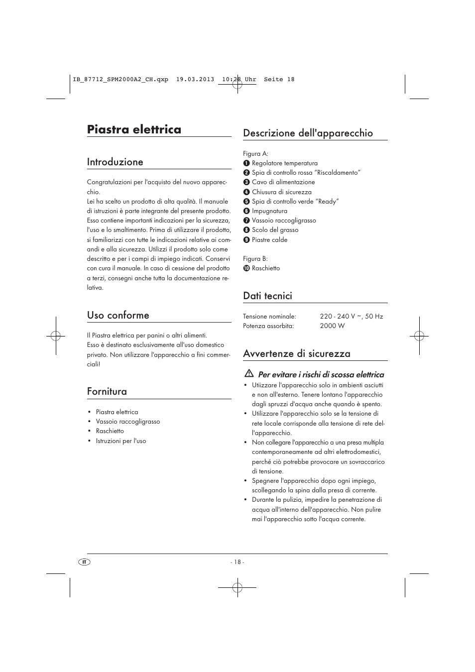 Piastra elettrica, Introduzione, Uso conforme | Fornitura, Descrizione dell'apparecchio, Dati tecnici, Avvertenze di sicurezza | Silvercrest SPM 2000 A2 User Manual | Page 21 / 35