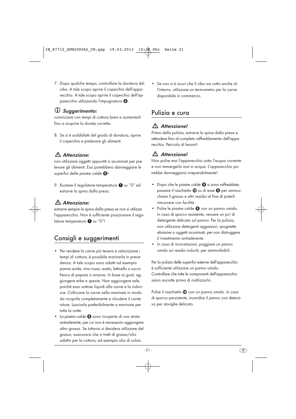 Consigli e suggerimenti, Pulizia e cura, Suggerimento | Attenzione | Silvercrest SPM 2000 A2 User Manual | Page 24 / 35