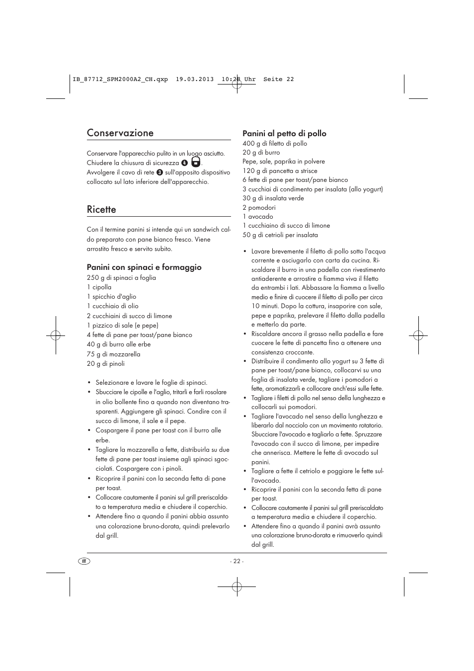 Conservazione, Ricette, Panini con spinaci e formaggio | Panini al petto di pollo | Silvercrest SPM 2000 A2 User Manual | Page 25 / 35