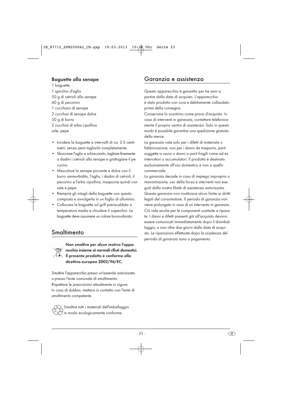 Smaltimento, Garanzia e assistenza, Baguette alla senape | Silvercrest SPM 2000 A2 User Manual | Page 26 / 35