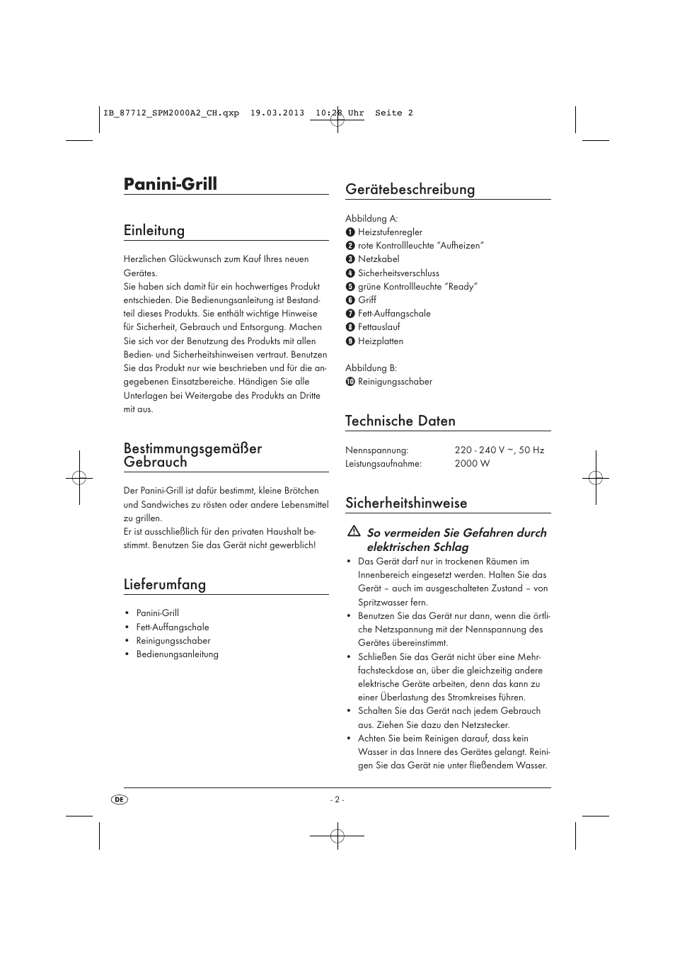 Panini-grill, Einleitung, Bestimmungsgemäßer gebrauch | Lieferumfang, Gerätebeschreibung, Technische daten, Sicherheitshinweise | Silvercrest SPM 2000 A2 User Manual | Page 5 / 35