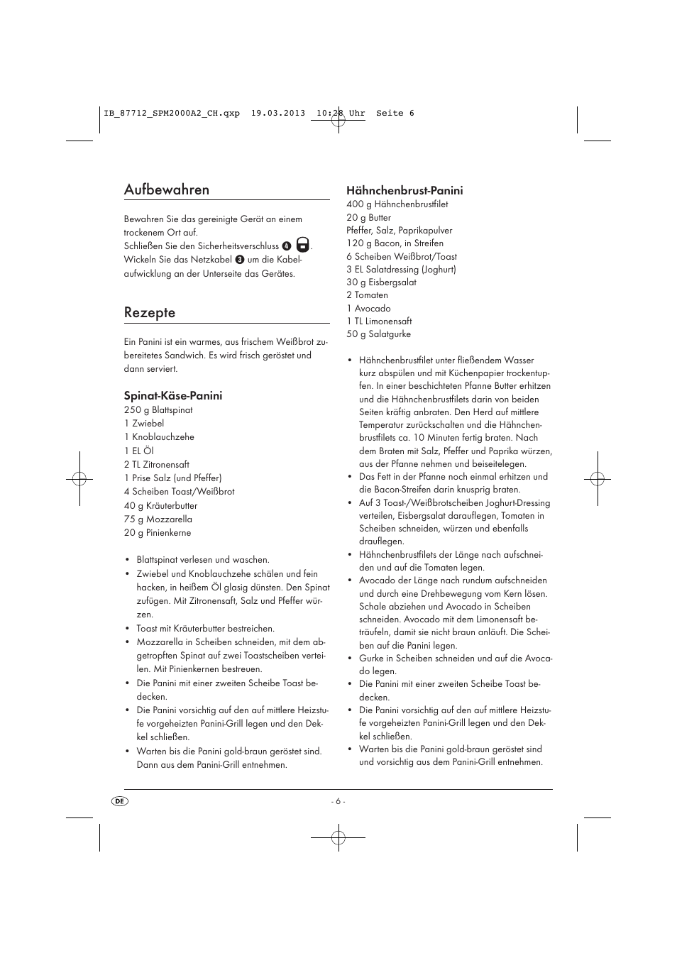Aufbewahren, Rezepte, Spinat-käse-panini | Hähnchenbrust-panini | Silvercrest SPM 2000 A2 User Manual | Page 9 / 35