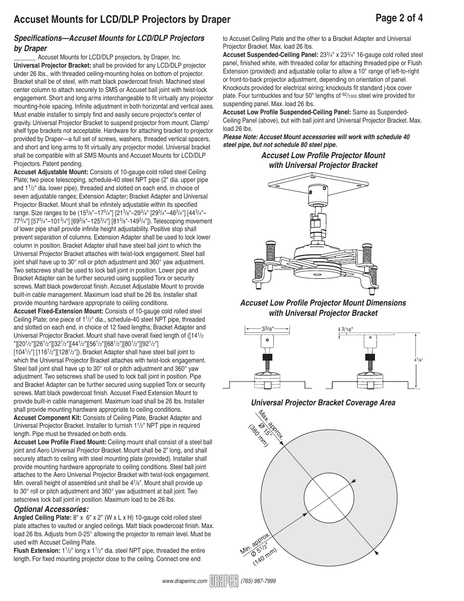 Optional accessories, Universal projector bracket coverage area | Draper LCD-DLP Projectors User Manual | Page 2 / 4