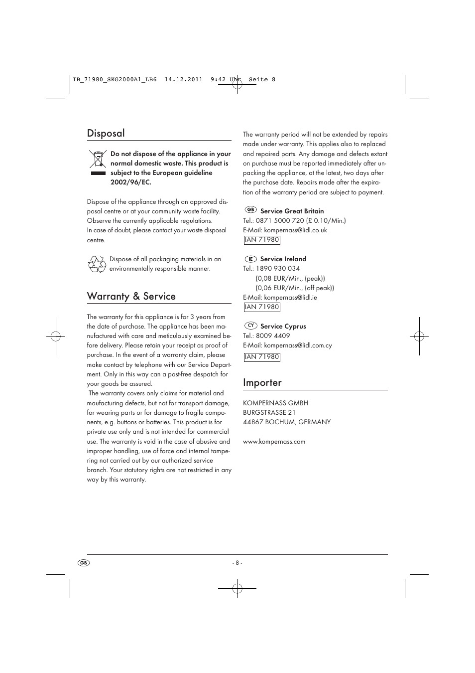 Disposal, Warranty & service, Importer | Silvercrest SKG 2000 A1 User Manual | Page 10 / 18