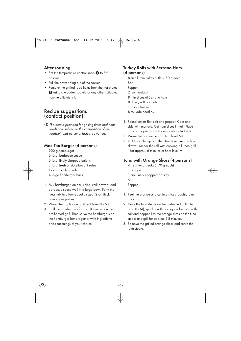 Recipe suggestions (contact position), After roasting, Mex-tex-burger (4 persons) | Turkey rolls with serrano ham (4 persons), Tuna with orange slices (4 persons) | Silvercrest SKG 2000 A1 User Manual | Page 8 / 18