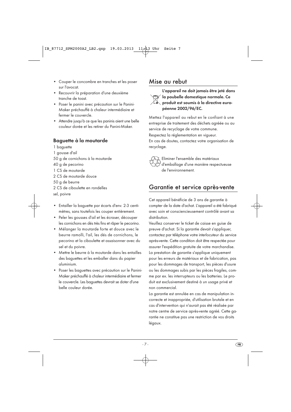 Mise au rebut, Garantie et service après-vente, Baguette à la moutarde | Silvercrest SPM 2000 A2 User Manual | Page 10 / 35