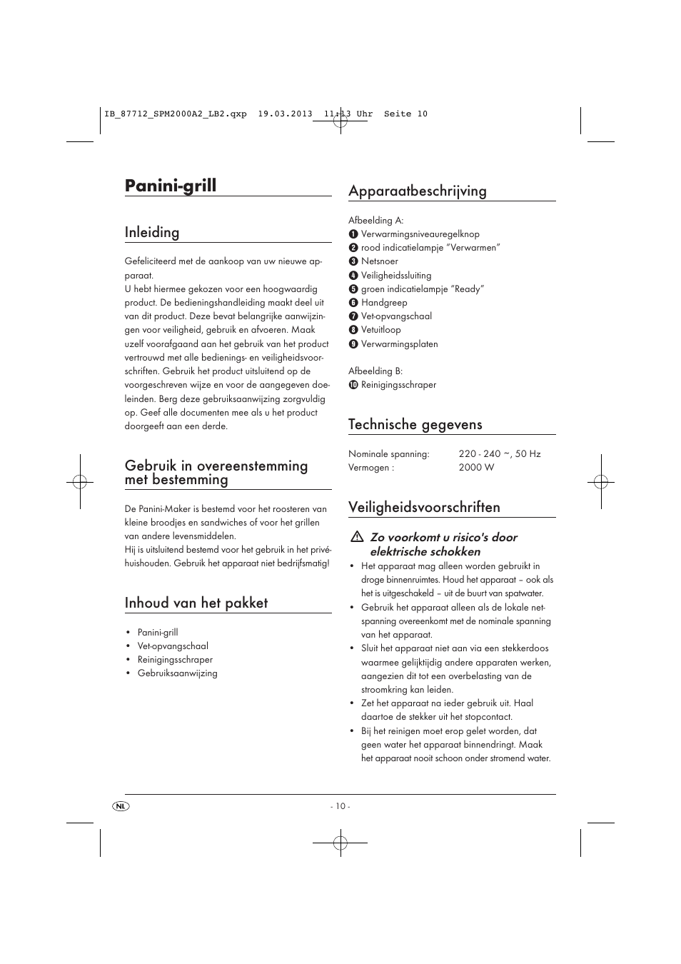 Panini-grill, Inleiding, Gebruik in overeenstemming met bestemming | Inhoud van het pakket, Apparaatbeschrijving, Technische gegevens, Veiligheidsvoorschriften | Silvercrest SPM 2000 A2 User Manual | Page 13 / 35