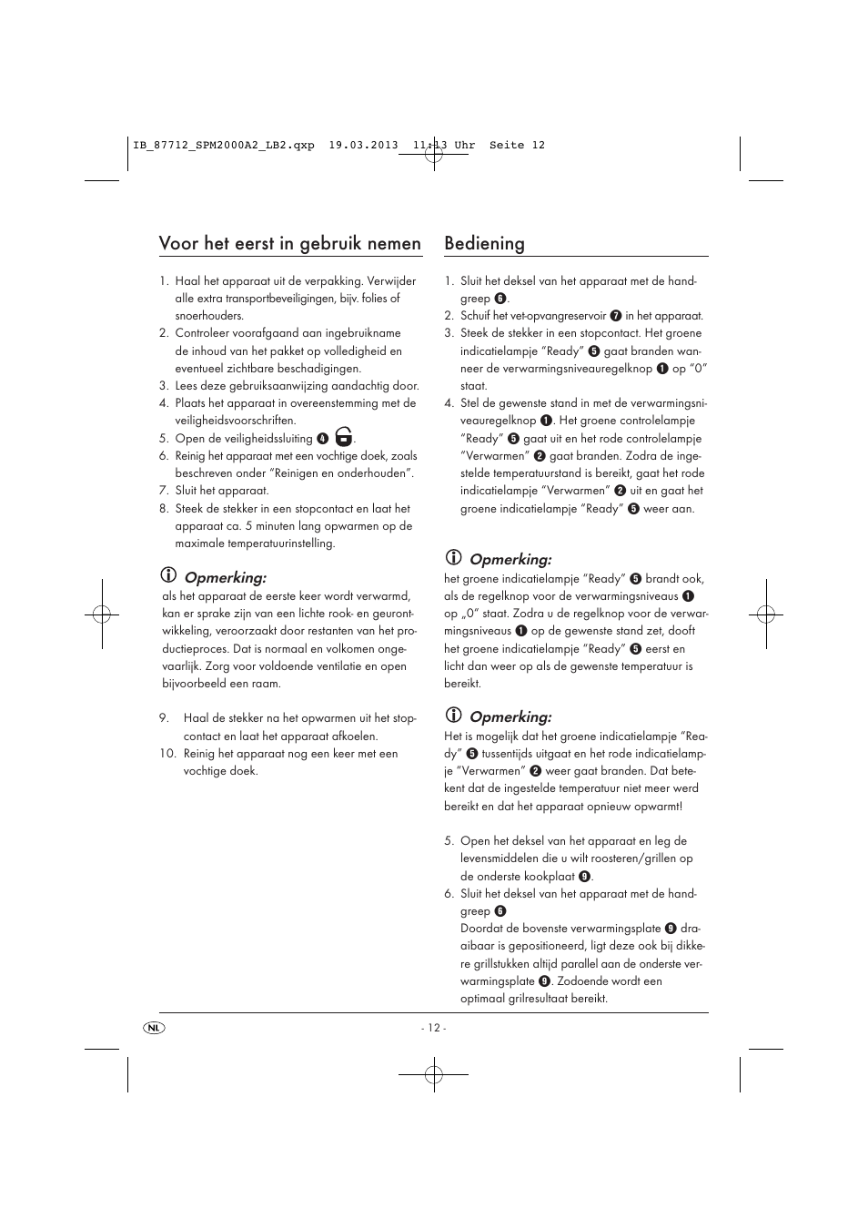 Voor het eerst in gebruik nemen, Bediening, Opmerking | Silvercrest SPM 2000 A2 User Manual | Page 15 / 35