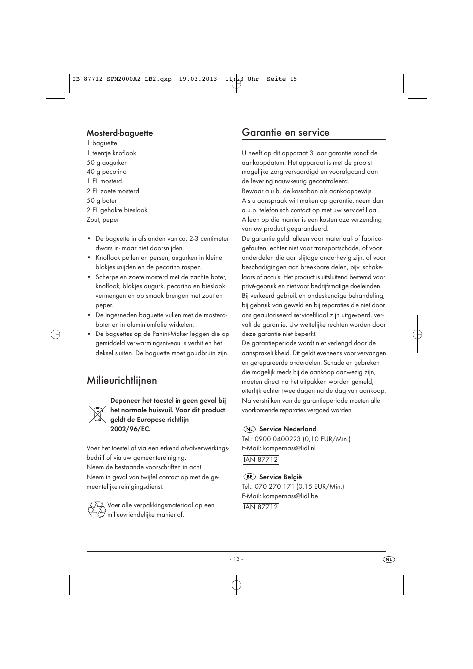 Milieurichtlijnen, Garantie en service, Mosterd-baguette | Silvercrest SPM 2000 A2 User Manual | Page 18 / 35