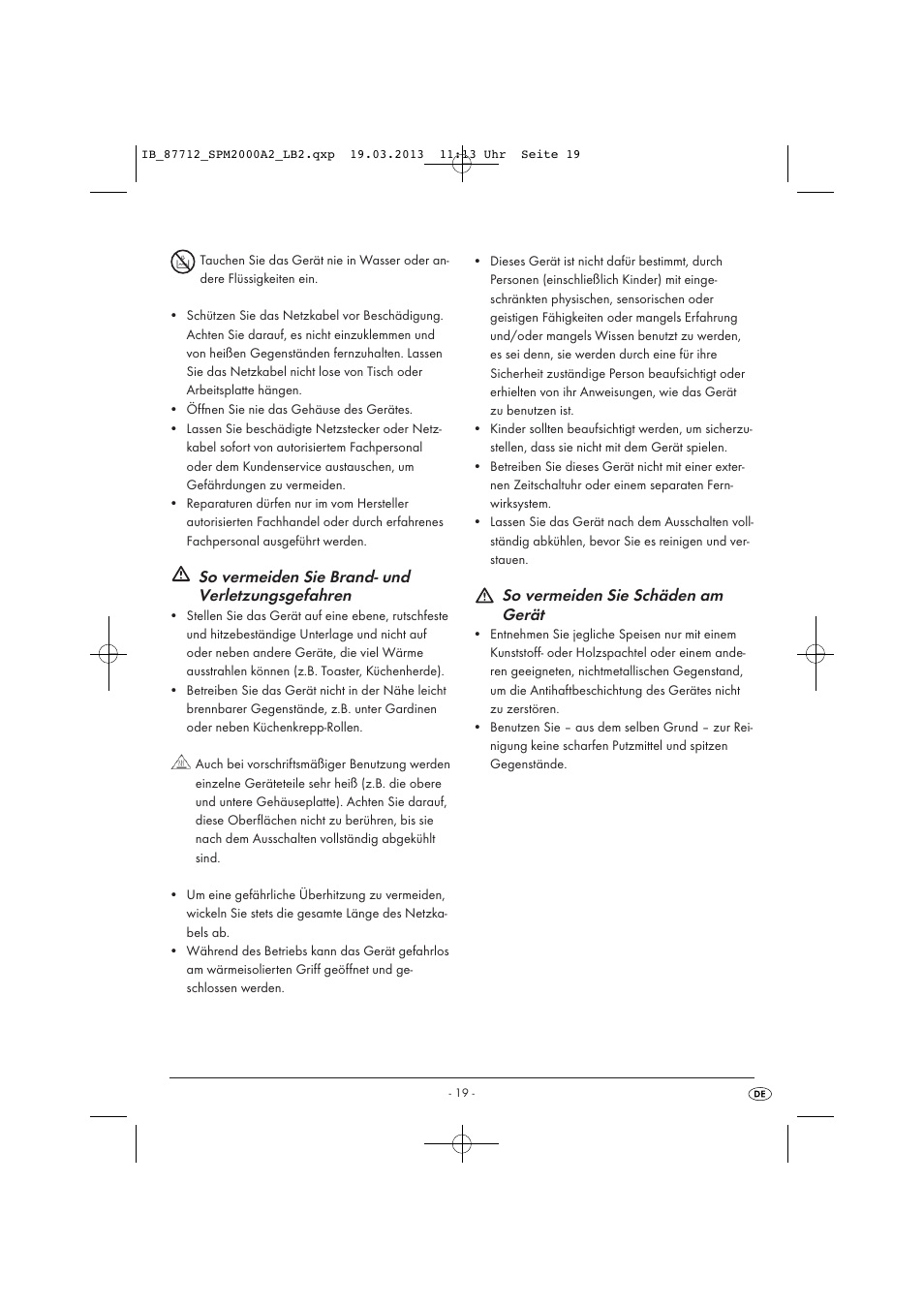 So vermeiden sie brand- und verletzungsgefahren, So vermeiden sie schäden am gerät | Silvercrest SPM 2000 A2 User Manual | Page 22 / 35