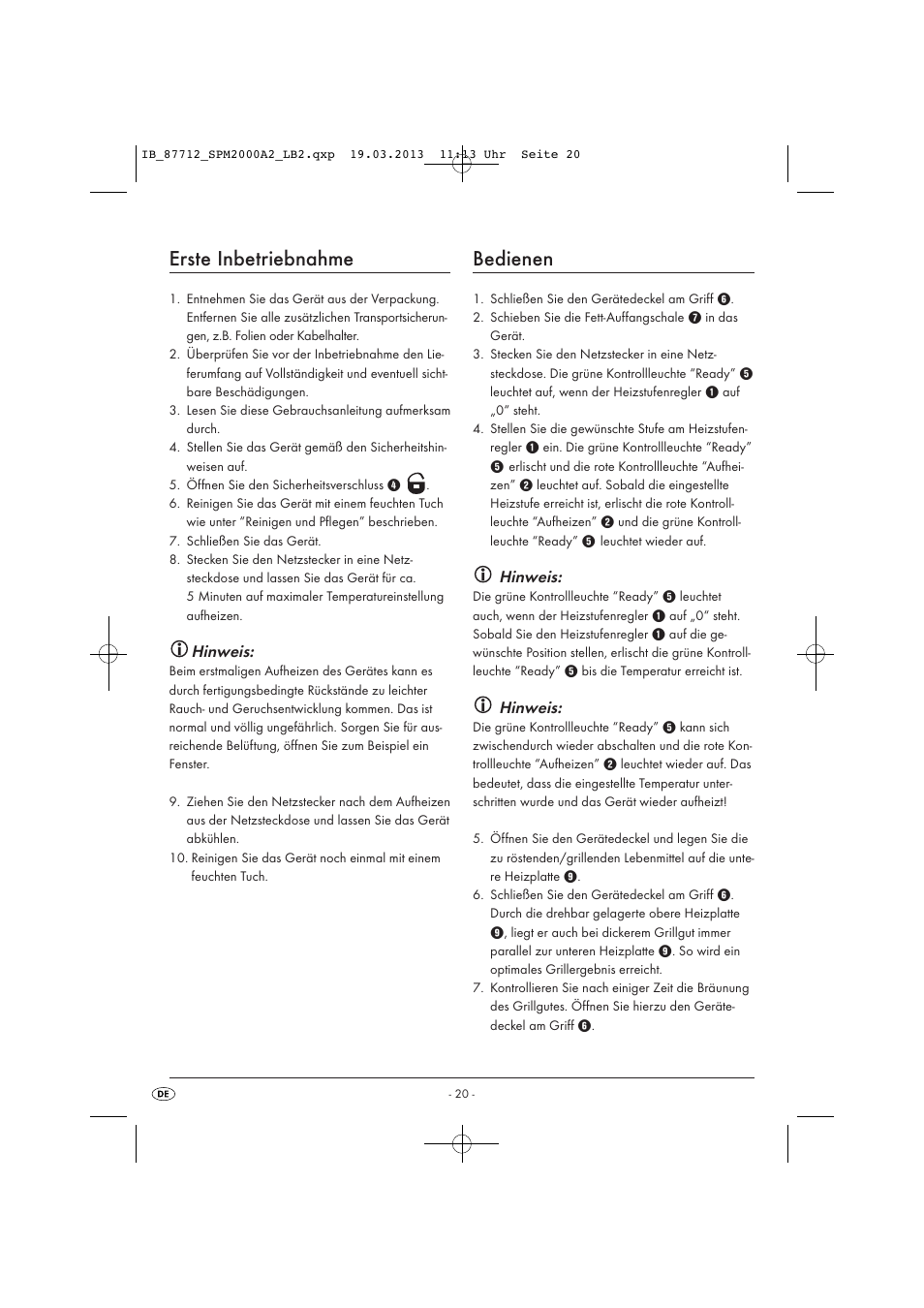 Erste inbetriebnahme, Bedienen, Hinweis | Silvercrest SPM 2000 A2 User Manual | Page 23 / 35