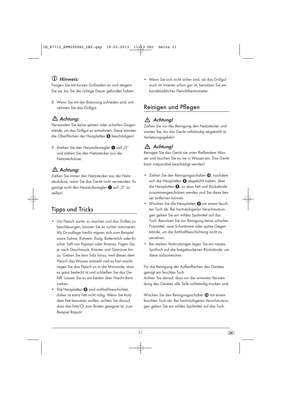 Tipps und tricks, Reinigen und pflegen, Hinweis | Achtung | Silvercrest SPM 2000 A2 User Manual | Page 24 / 35