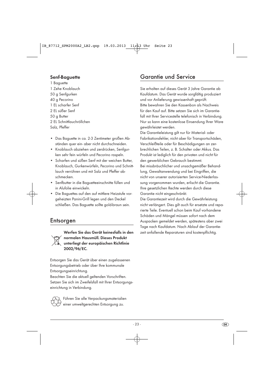 Entsorgen, Garantie und service, Senf-baguette | Silvercrest SPM 2000 A2 User Manual | Page 26 / 35