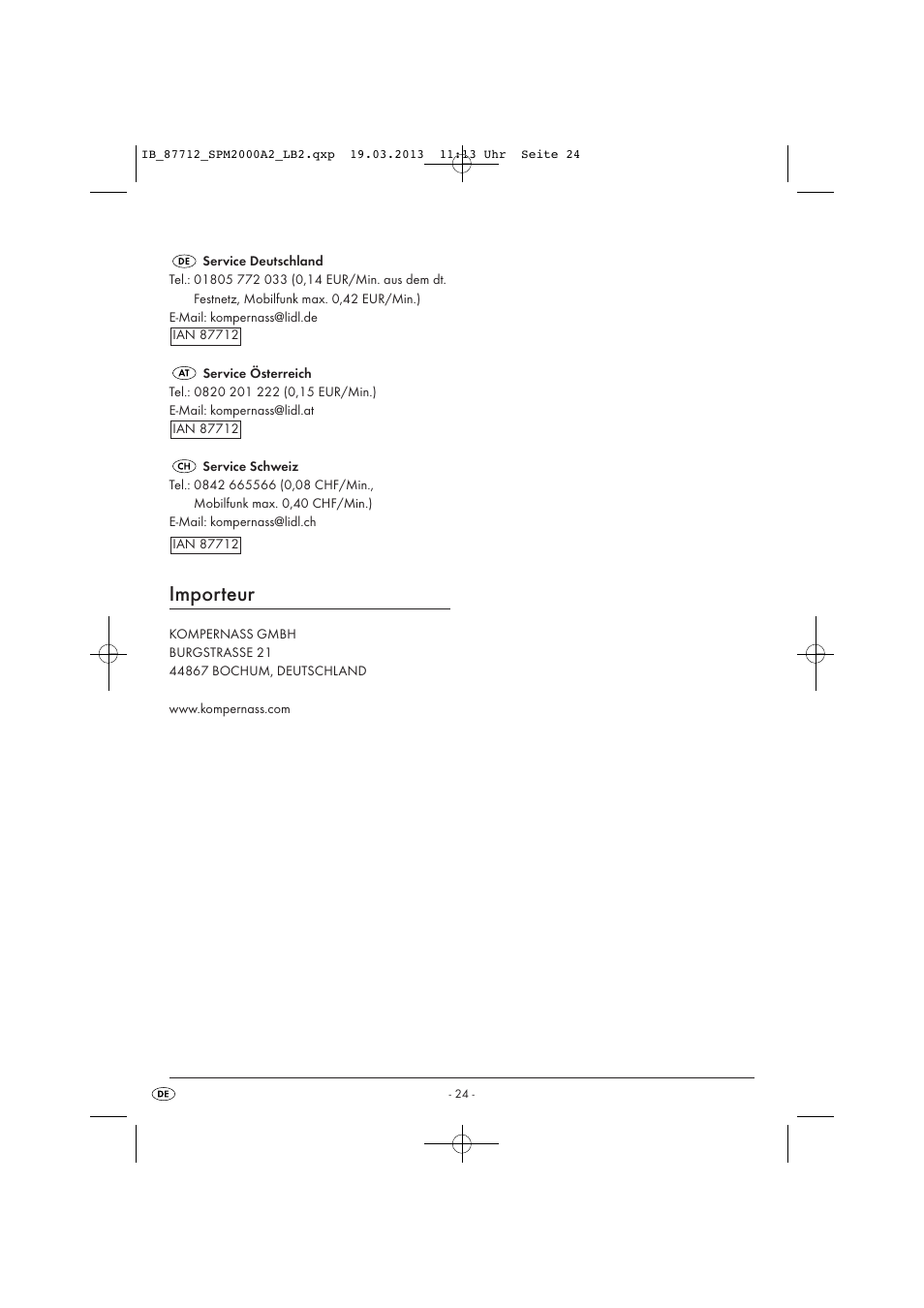 Importeur | Silvercrest SPM 2000 A2 User Manual | Page 27 / 35