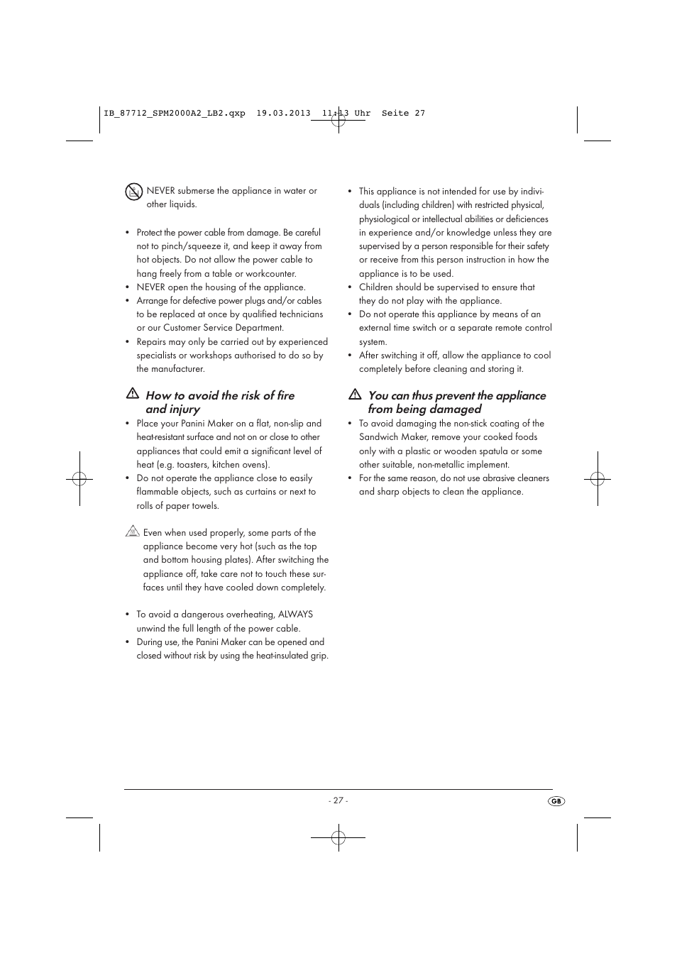 How to avoid the risk of fire and injury | Silvercrest SPM 2000 A2 User Manual | Page 30 / 35