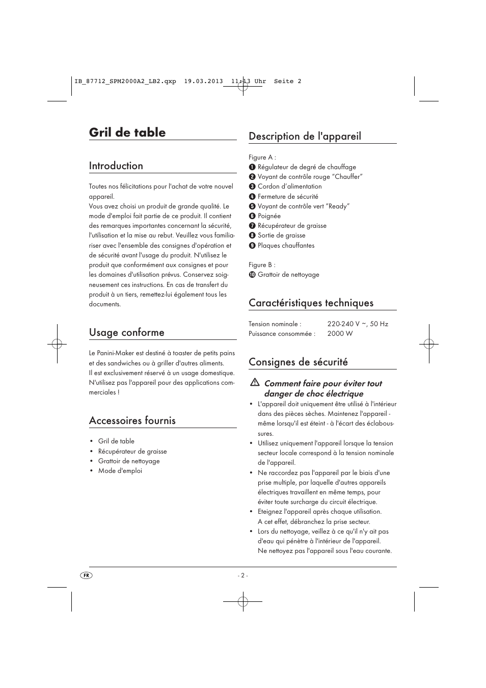 Gril de table, Introduction, Usage conforme | Accessoires fournis, Description de l'appareil, Caractéristiques techniques, Consignes de sécurité | Silvercrest SPM 2000 A2 User Manual | Page 5 / 35