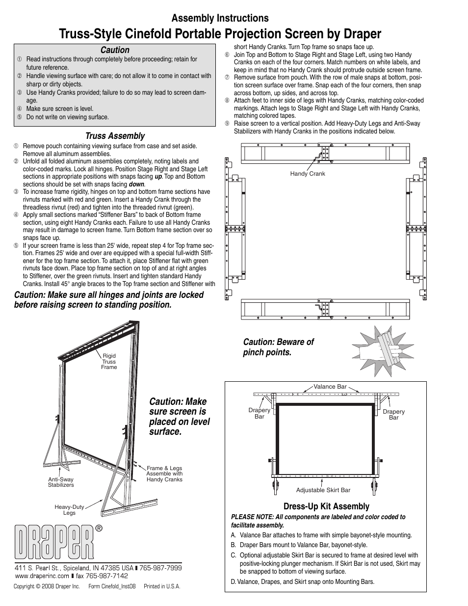 Assembly instructions, Truss assembly, Dress-up kit assembly | Caution | Draper Cinefold User Manual | Page 2 / 2