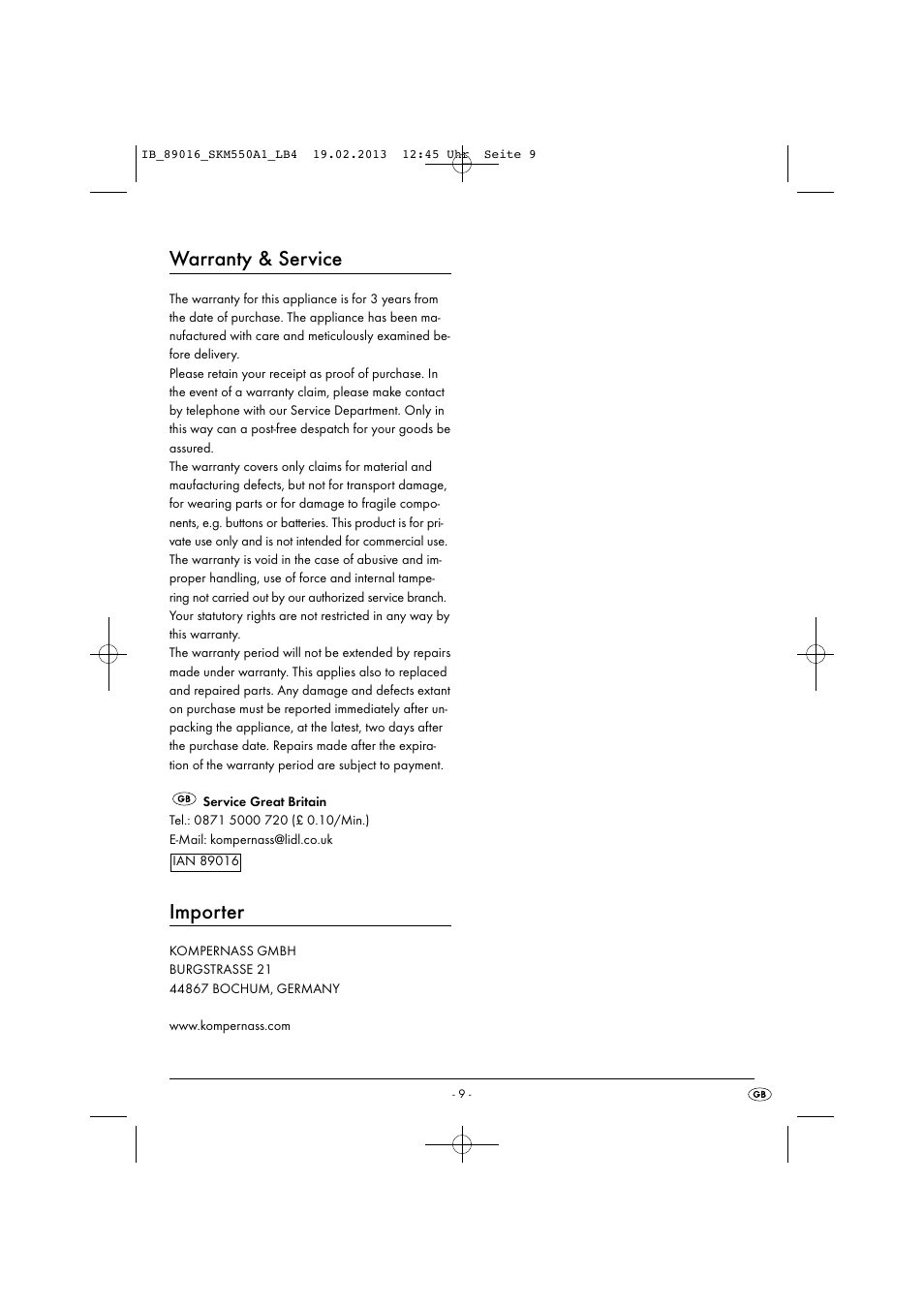 Warranty & service, Importer | Silvercrest SKM 550 A1 User Manual | Page 13 / 55