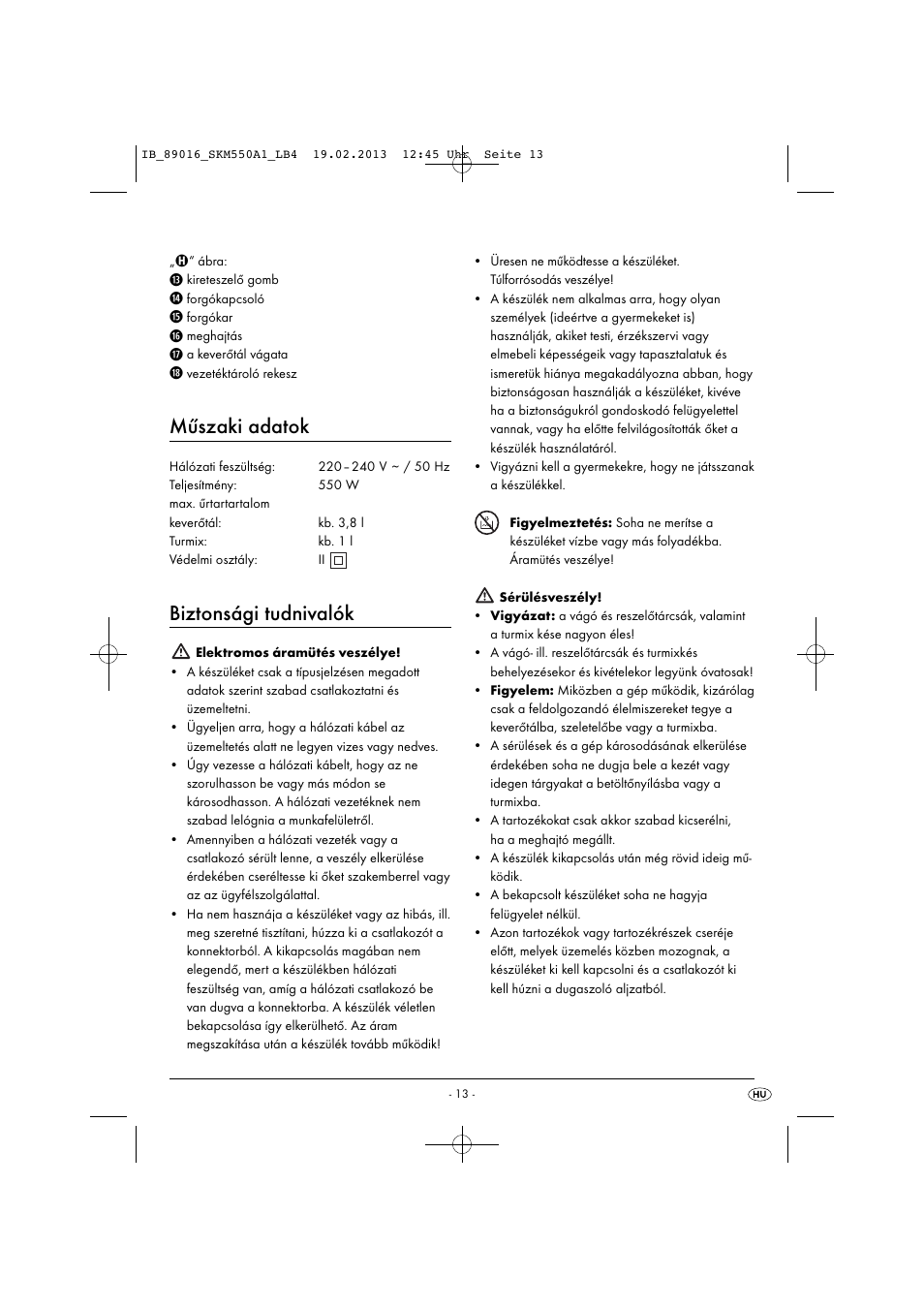Műszaki adatok, Biztonsági tudnivalók | Silvercrest SKM 550 A1 User Manual | Page 17 / 55
