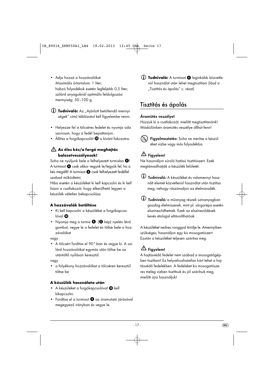 Tisztítás és ápolás | Silvercrest SKM 550 A1 User Manual | Page 21 / 55
