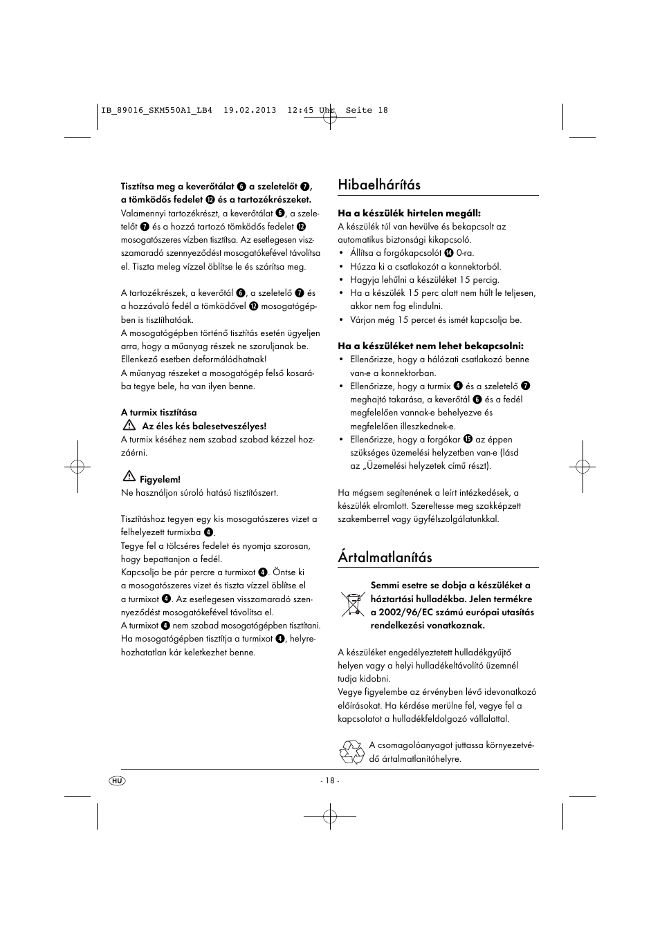 Hibaelhárítás, Ártalmatlanítás | Silvercrest SKM 550 A1 User Manual | Page 22 / 55