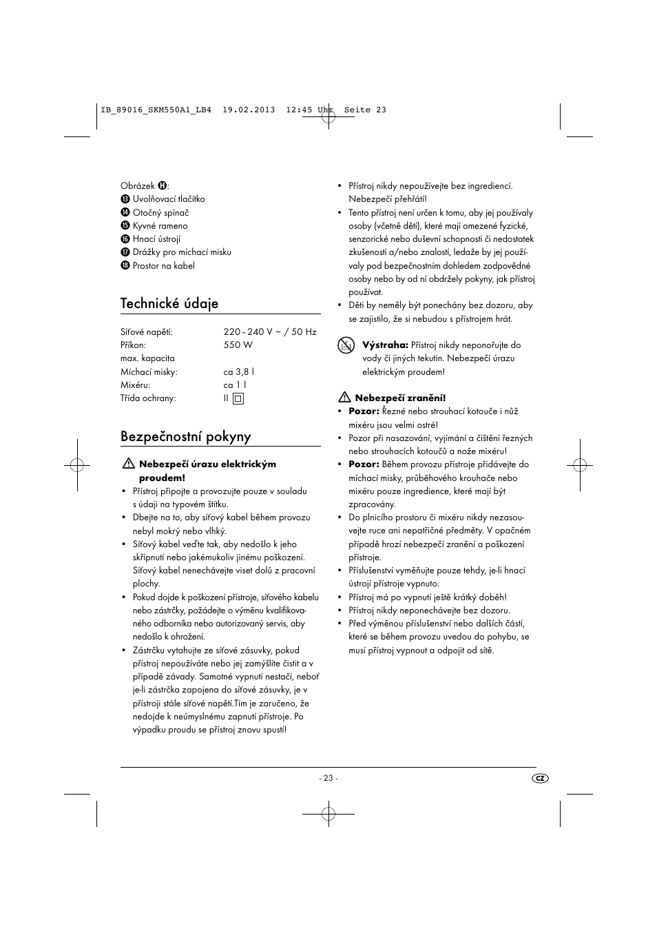 Technické údaje, Bezpečnostní pokyny | Silvercrest SKM 550 A1 User Manual | Page 27 / 55