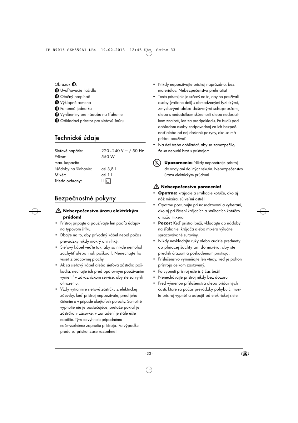 Technické údaje, Bezpečnostné pokyny | Silvercrest SKM 550 A1 User Manual | Page 37 / 55