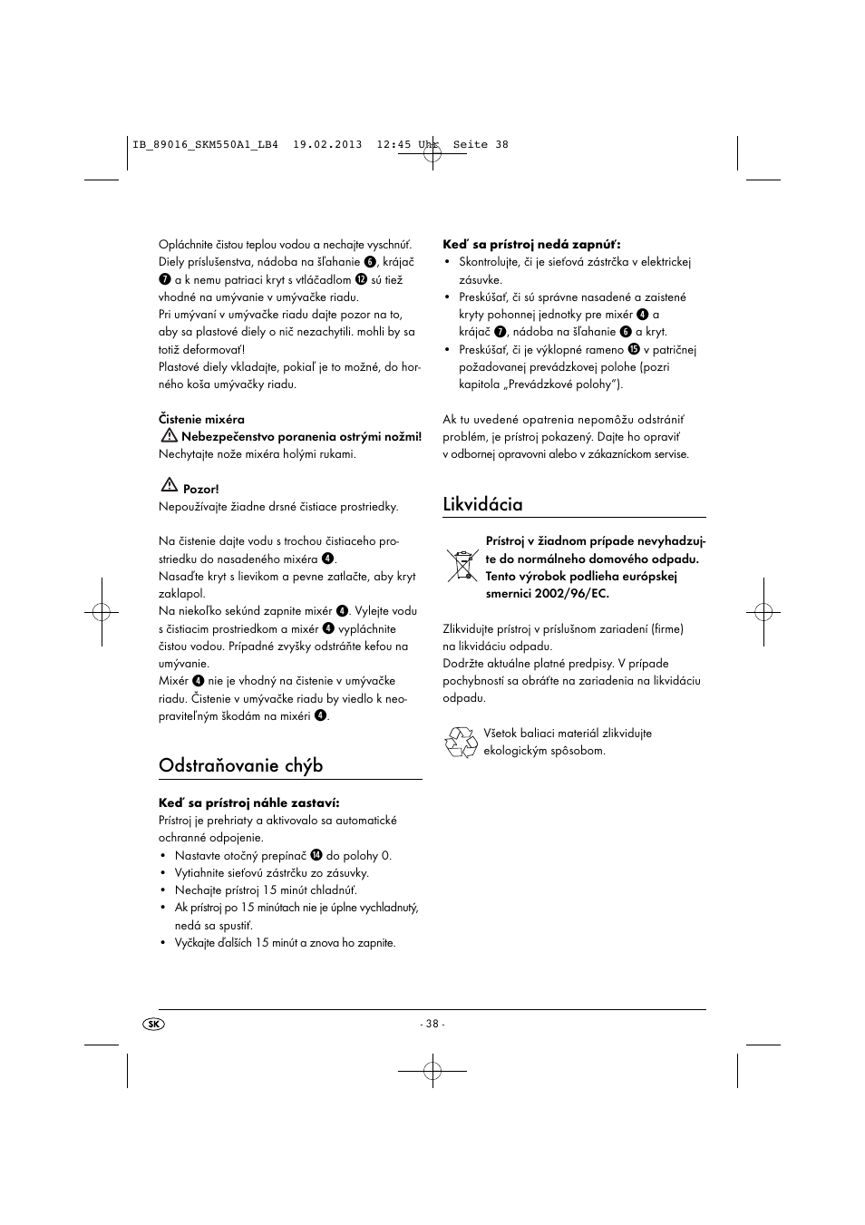 Odstraňovanie chýb, Likvidácia | Silvercrest SKM 550 A1 User Manual | Page 42 / 55