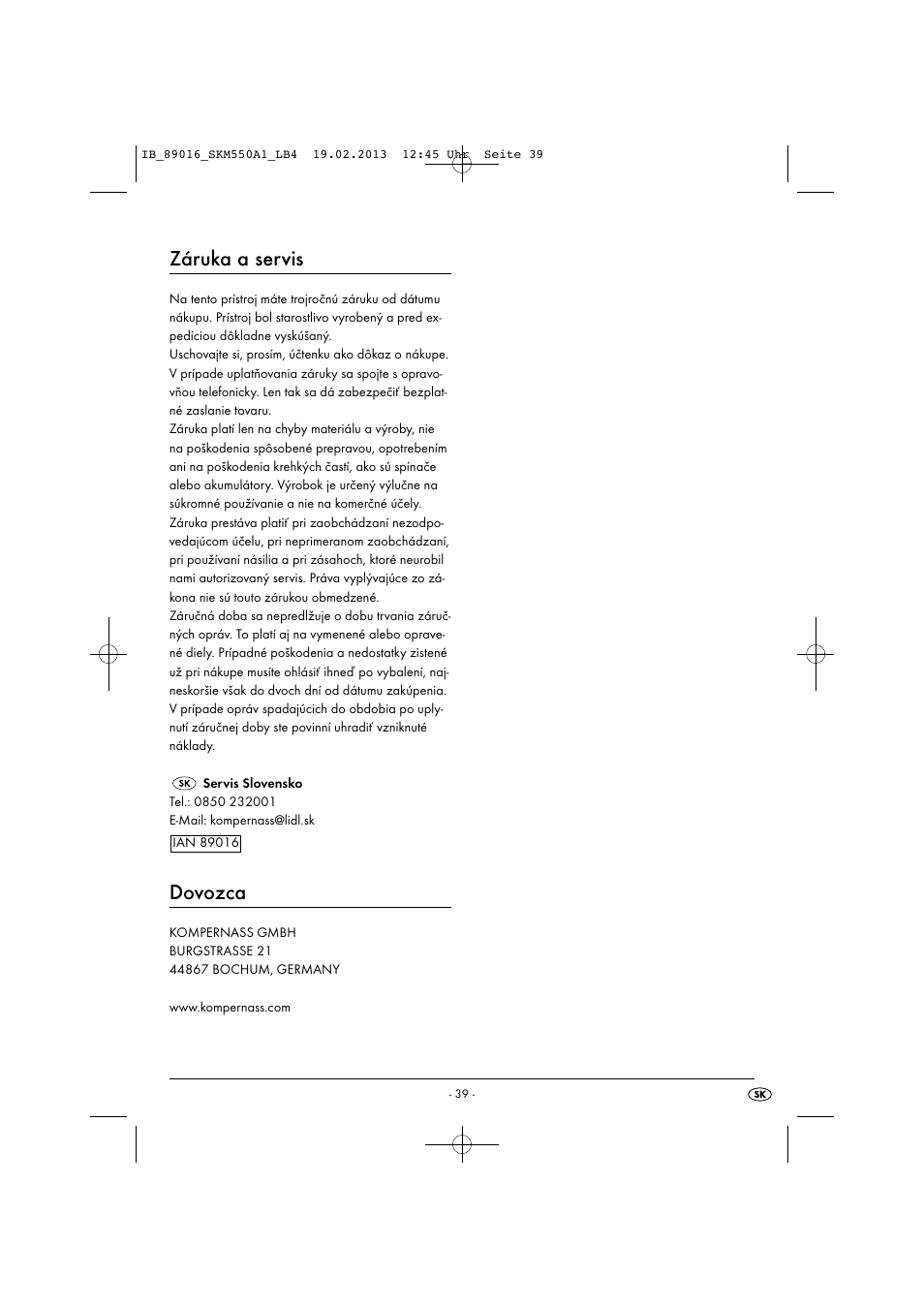 Záruka a servis, Dovozca | Silvercrest SKM 550 A1 User Manual | Page 43 / 55