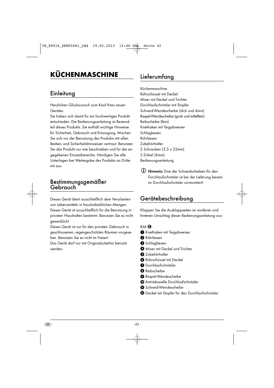 Küchenmaschine, Einleitung, Bestimmungsgemäßer gebrauch | Lieferumfang, Gerätebeschreibung | Silvercrest SKM 550 A1 User Manual | Page 46 / 55