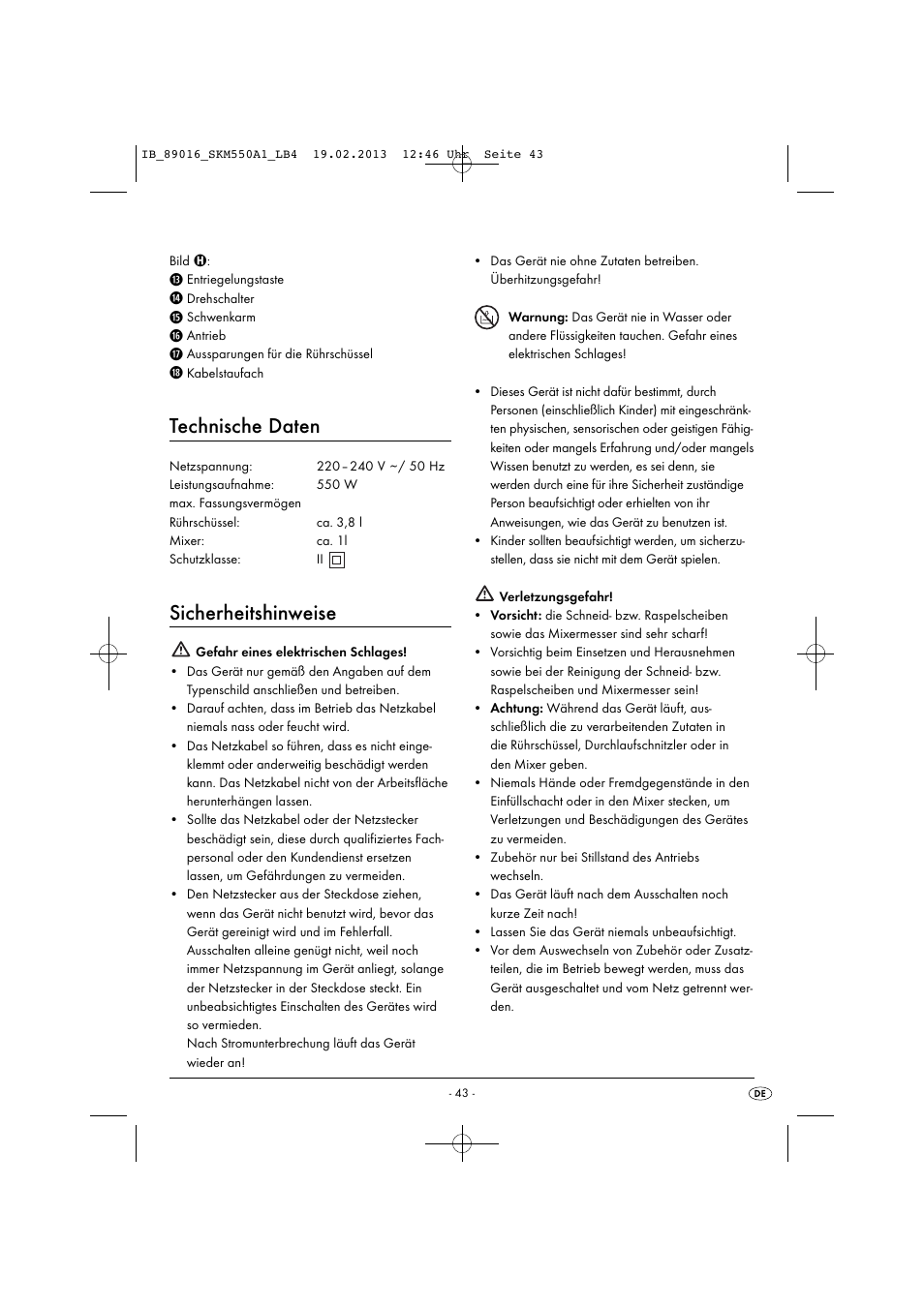 Technische daten, Sicherheitshinweise | Silvercrest SKM 550 A1 User Manual | Page 47 / 55