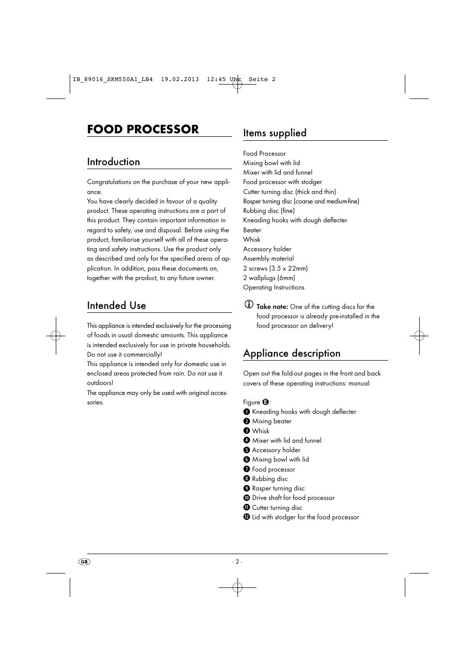 Food processor, Introduction, Intended use | Items supplied, Appliance description | Silvercrest SKM 550 A1 User Manual | Page 6 / 55
