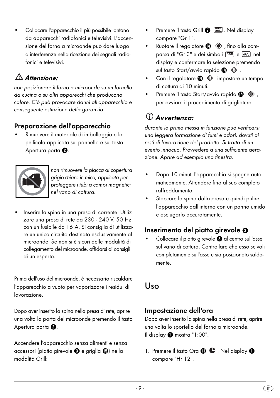 Attenzione, Preparazione dell'apparecchio, Avvertenza | Inserimento del piatto girevole, Impostazione dell'ora | Silvercrest SMW 900 EDS B2 User Manual | Page 12 / 100