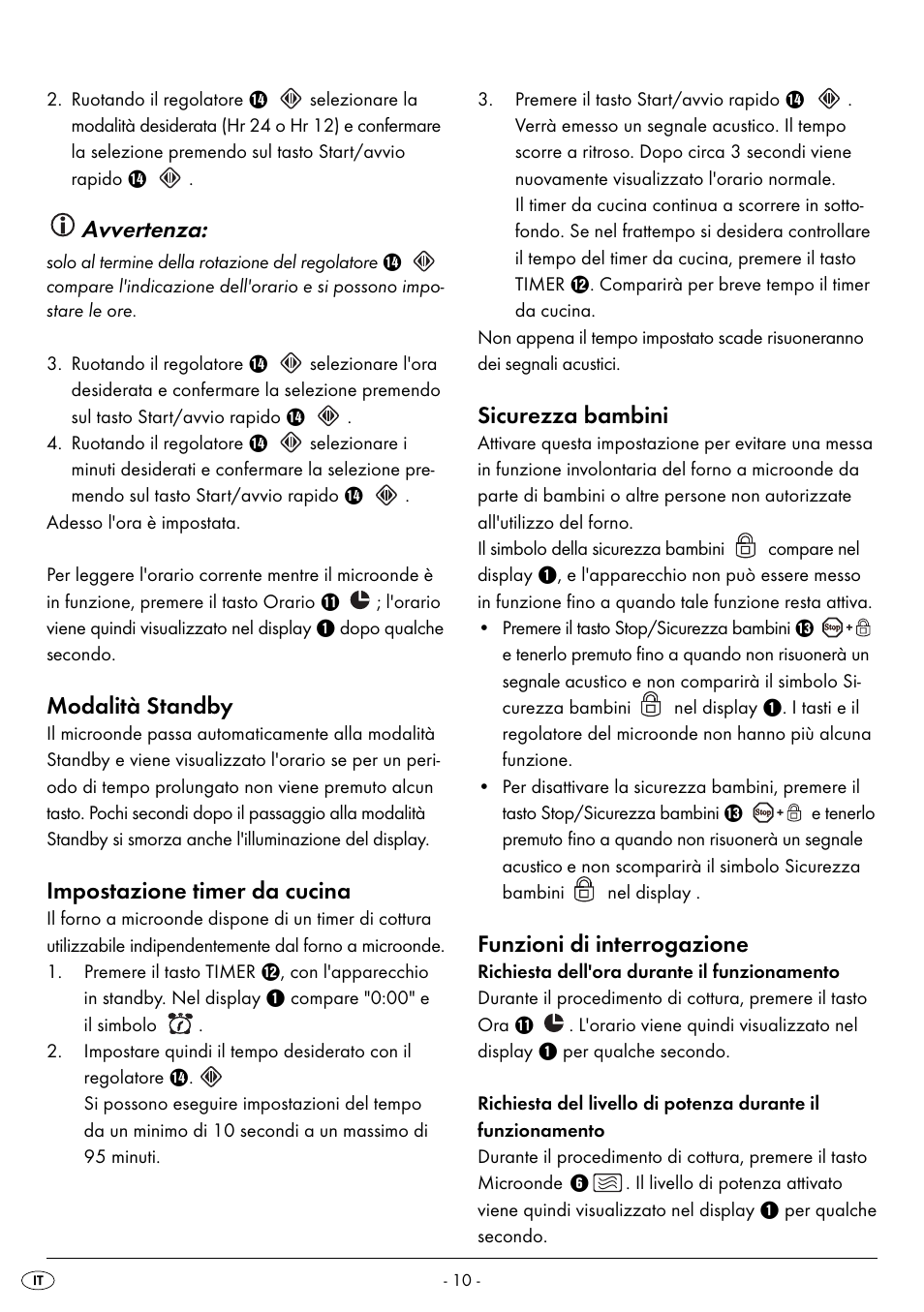 Avvertenza, Modalità standby, Impostazione timer da cucina | Sicurezza bambini, Funzioni di interrogazione | Silvercrest SMW 900 EDS B2 User Manual | Page 13 / 100