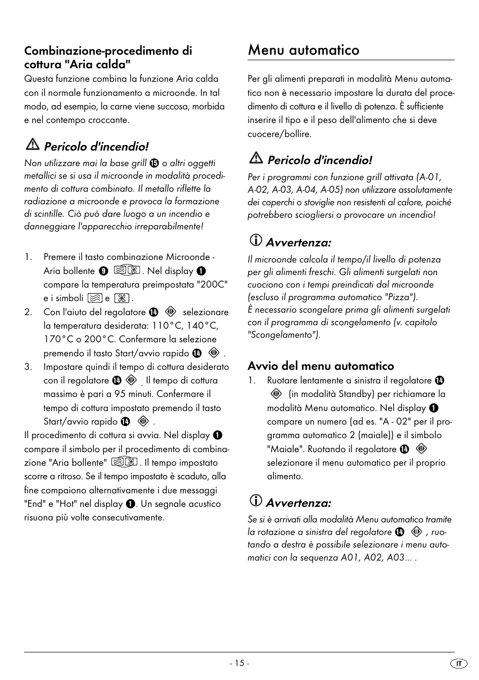 Menu automatico, Combinazione-procedimento di cottura 