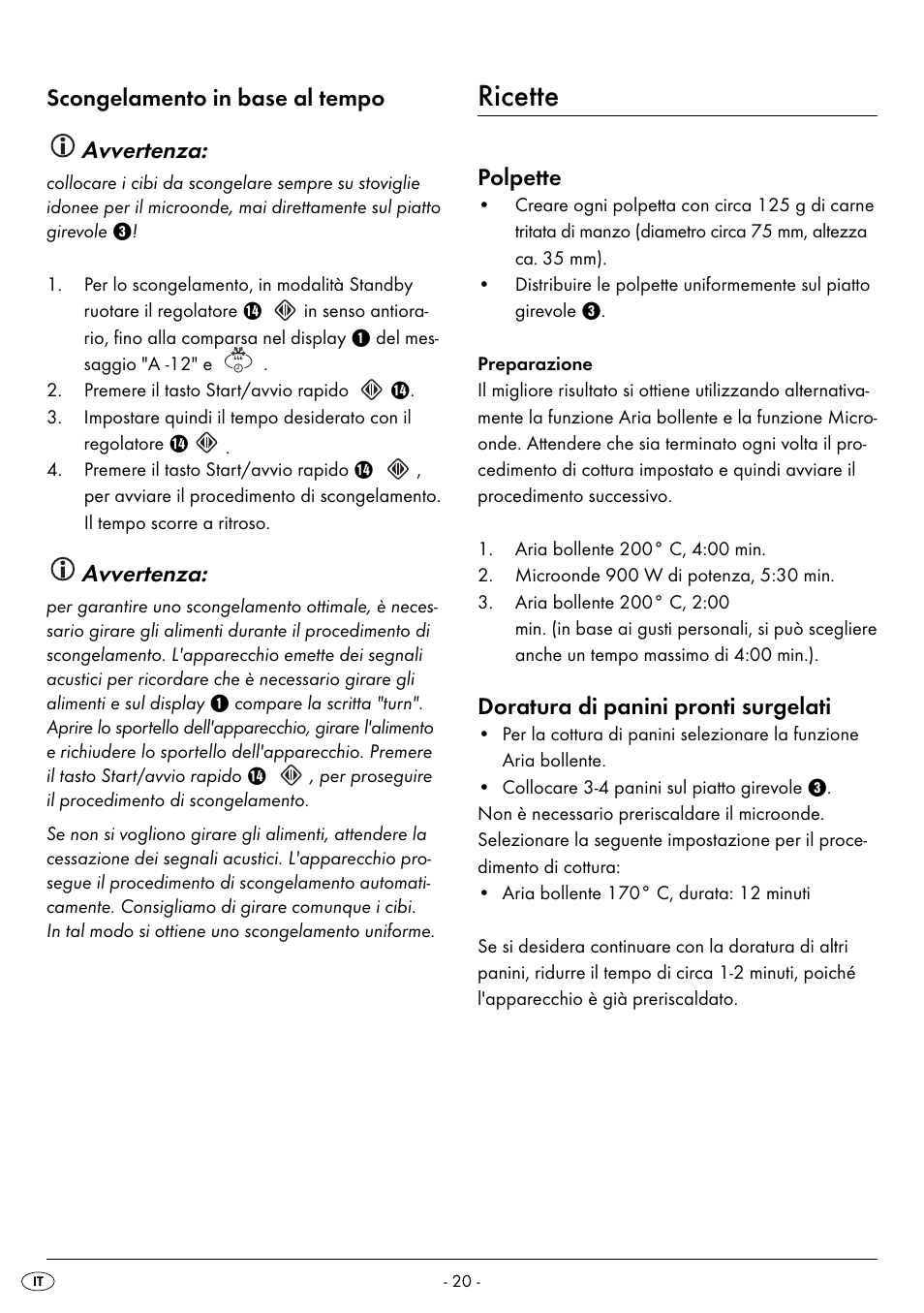 Ricette, Scongelamento in base al tempo avvertenza, Avvertenza | Polpette, Doratura di panini pronti surgelati | Silvercrest SMW 900 EDS B2 User Manual | Page 23 / 100