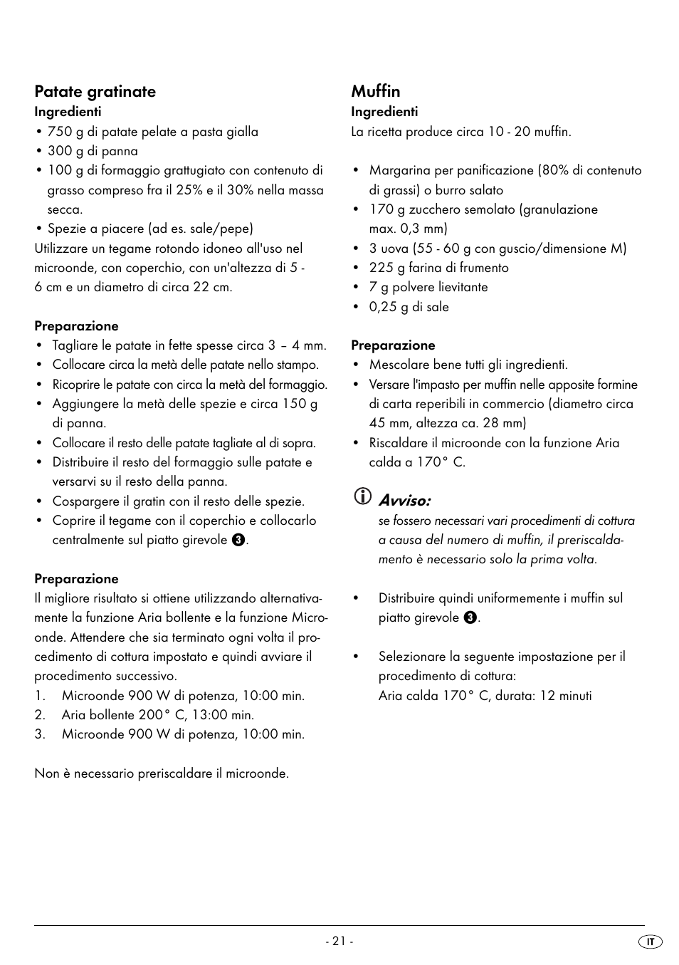 Patate gratinate, Muffin, Avviso | Silvercrest SMW 900 EDS B2 User Manual | Page 24 / 100