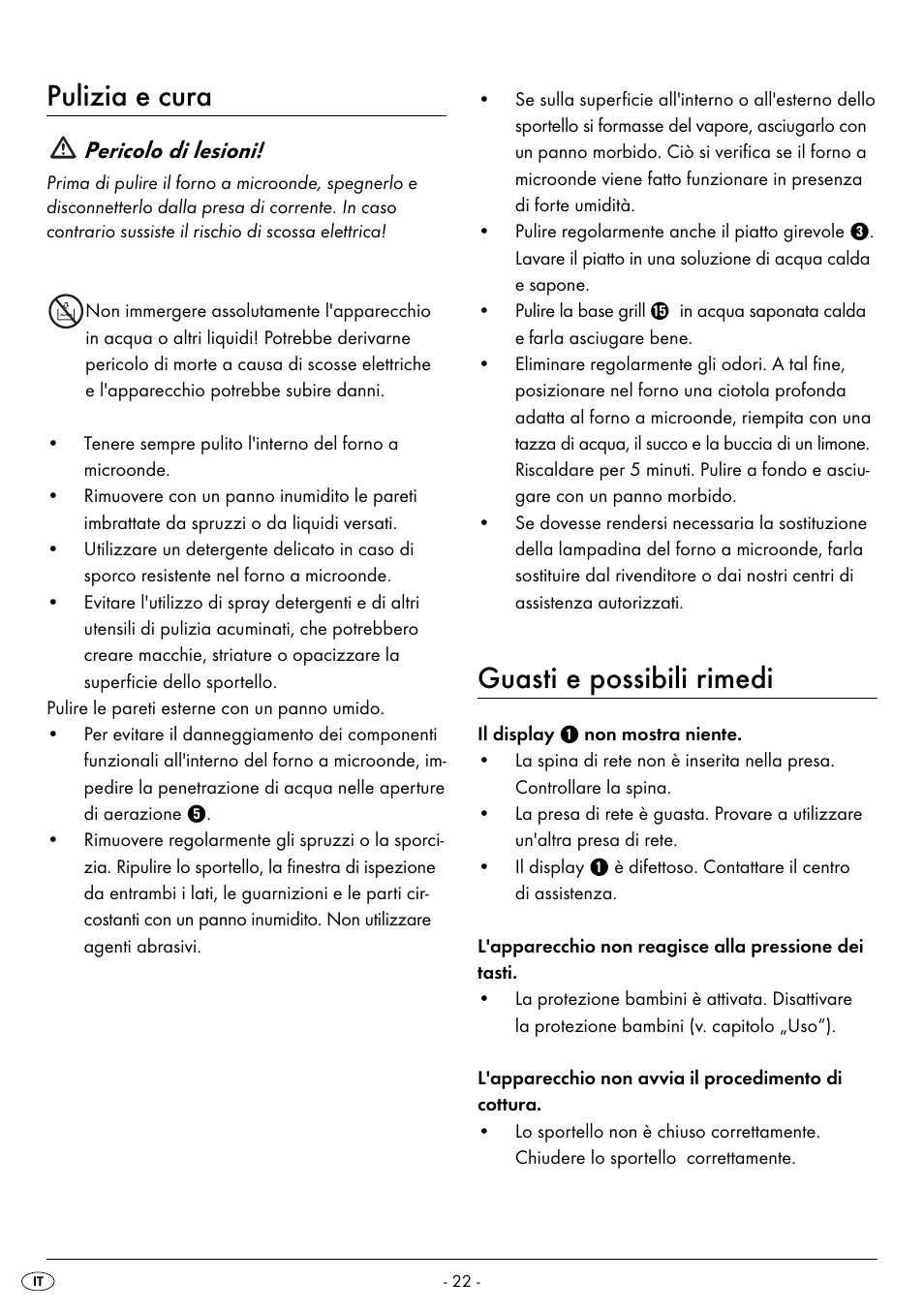 Pulizia e cura, Guasti e possibili rimedi, Pericolo di lesioni | Silvercrest SMW 900 EDS B2 User Manual | Page 25 / 100