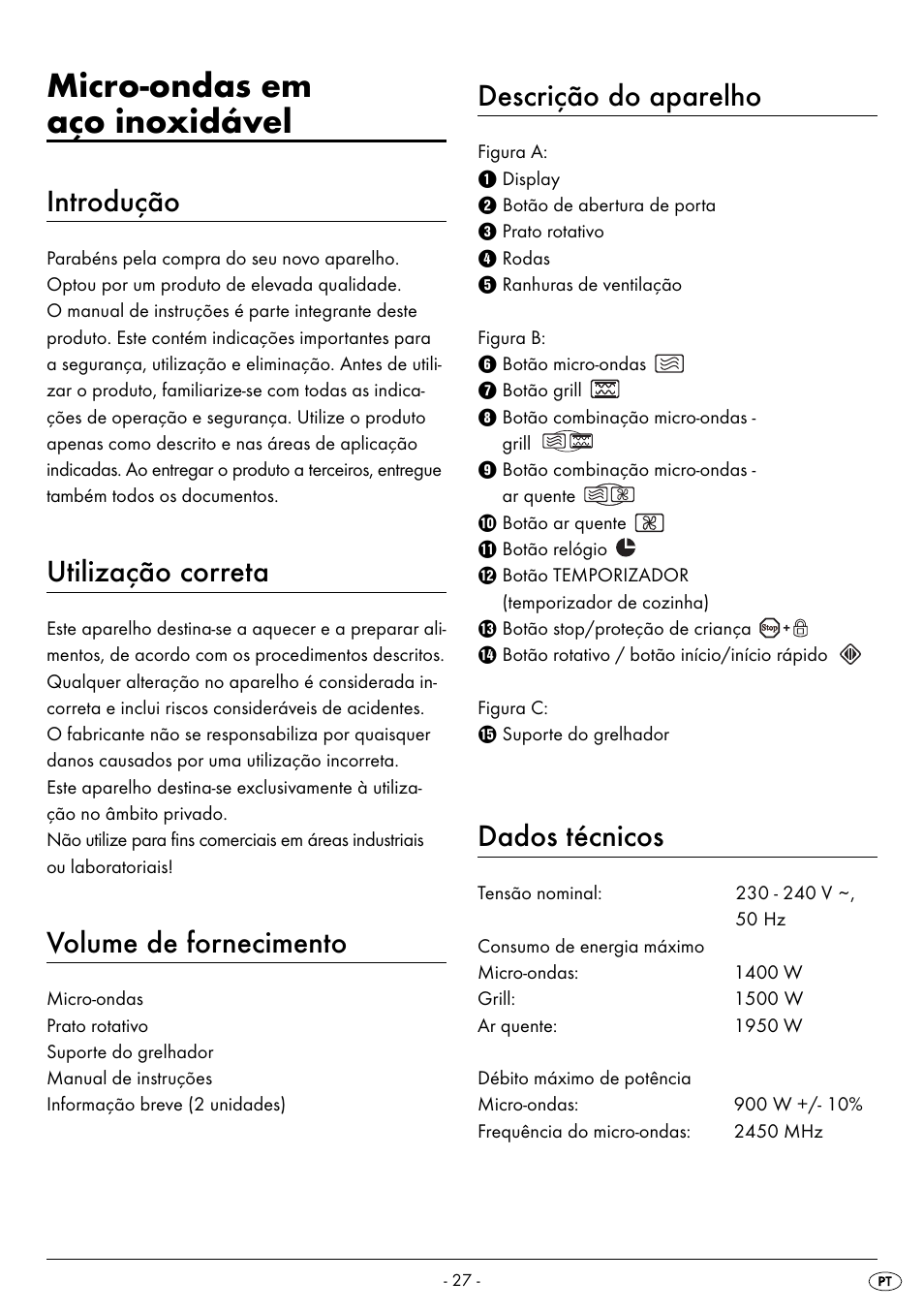 Micro-ondas em aço inoxidável, Introdução, Utilização correta | Volume de fornecimento, Descrição do aparelho, Dados técnicos | Silvercrest SMW 900 EDS B2 User Manual | Page 30 / 100