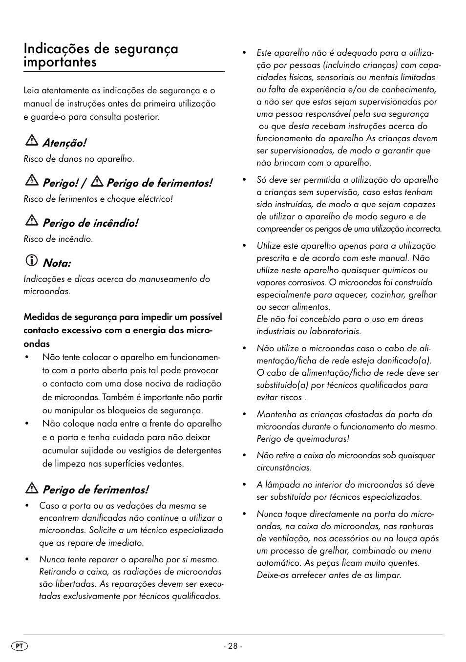 Indicações de segurança importantes, Atenção, Perigo! / perigo de ferimentos | Perigo de incêndio, Nota, Perigo de ferimentos | Silvercrest SMW 900 EDS B2 User Manual | Page 31 / 100