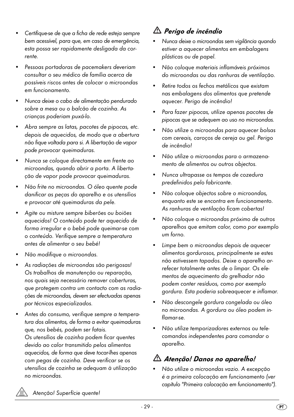 Perigo de incêndio, Atenção! danos no aparelho | Silvercrest SMW 900 EDS B2 User Manual | Page 32 / 100